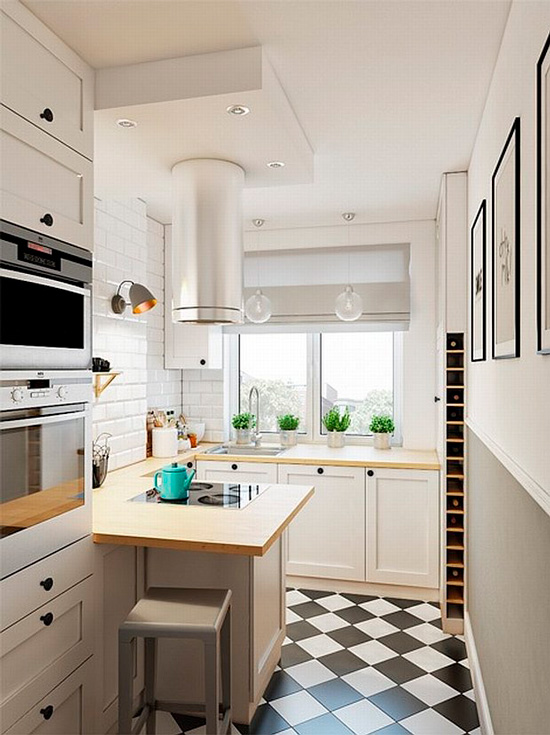 Modern konyha fekete -fehér padlóval