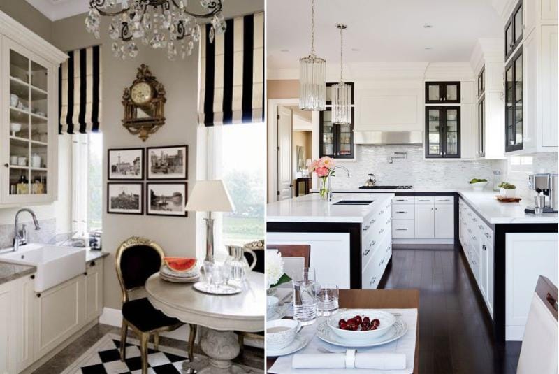 Fekete -fehér a konyha belsejében klasszikus stílusban