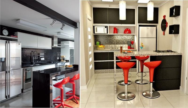 Punainen ja musta väri keittiön sisätiloissa
