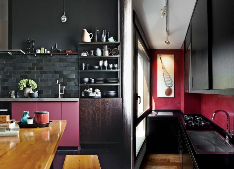 Musta ja vaaleanpunainen väri keittiön sisätiloissa