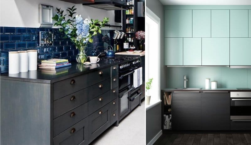 Sininen ja musta väri keittiön sisätiloissa