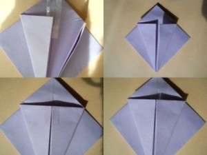 Prenez un morceau de papier carré et pliez-le deux fois en diagonale. Dépliez ensuite et formez un triangle le long des lignes de pliage. Ensuite, vous devez plier les angles vifs jusqu'à l'émoussé et vous obtenez un carré. Les côtés inférieurs sont pliés vers le centre et fixés avec du ruban adhésif ou de la colle. Si cela est fait correctement, vous obtiendrez un bourgeon de tulipe.
