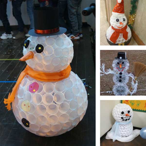 boneco de neve de natal feito de vidros de plástico