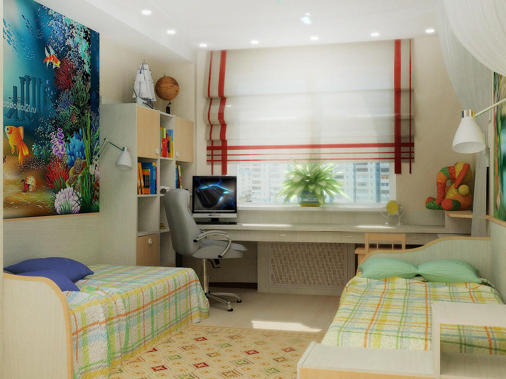 O cameră pentru un băiat și o fată poate fi împărțită cu culori, mobilier și elemente decorative