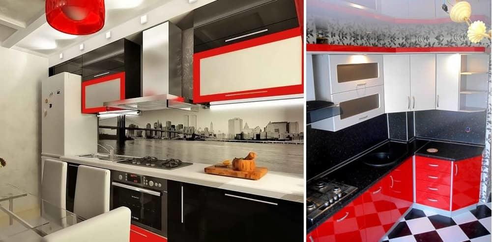 Ett kök i vita, svarta och röda toner kan skapa en spektakulär kontrast som verkligen imponerar med sin originalitet.