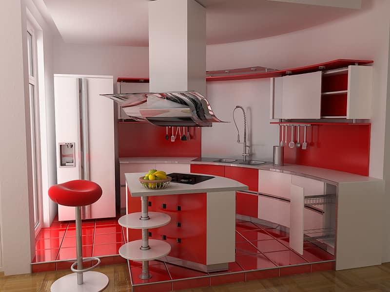 Köket i röda och vita toner kommer att glädja dig med dess originalitet och också ge dig energi hela dagen
