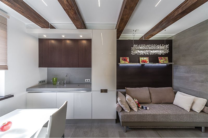 التصميم المتوازي لغرفة المعيشة في المطبخ تبلغ مساحته 16 مترًا مربعًا. م