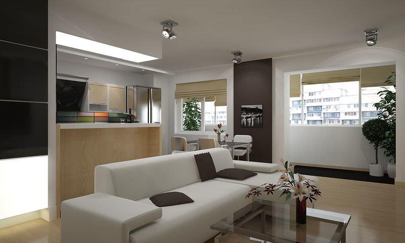 Ett kombinerat kök-vardagsrum i små lägenheter gör att du kan använda varje centimeter rationellt