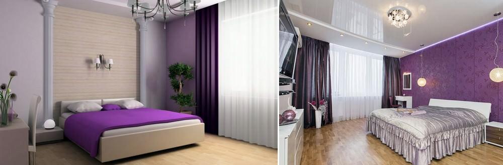 Grå tapeter med lila mönster är ett bra alternativ för ett litet sovrum som du vill utöka visuellt