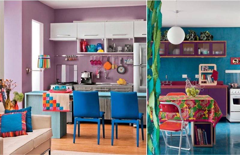 Sinisen ja violetin yhdistelmä keittiön sisätiloissa