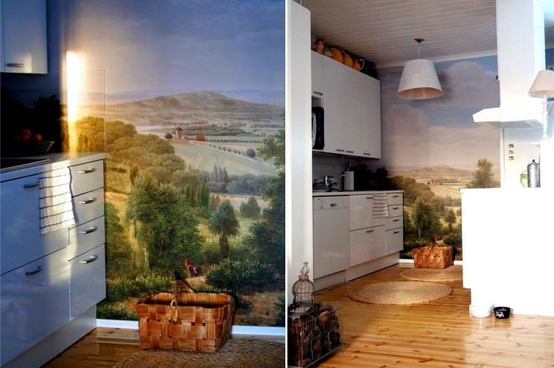 Fotografická tapeta s krajinou v interiéri kuchyne
