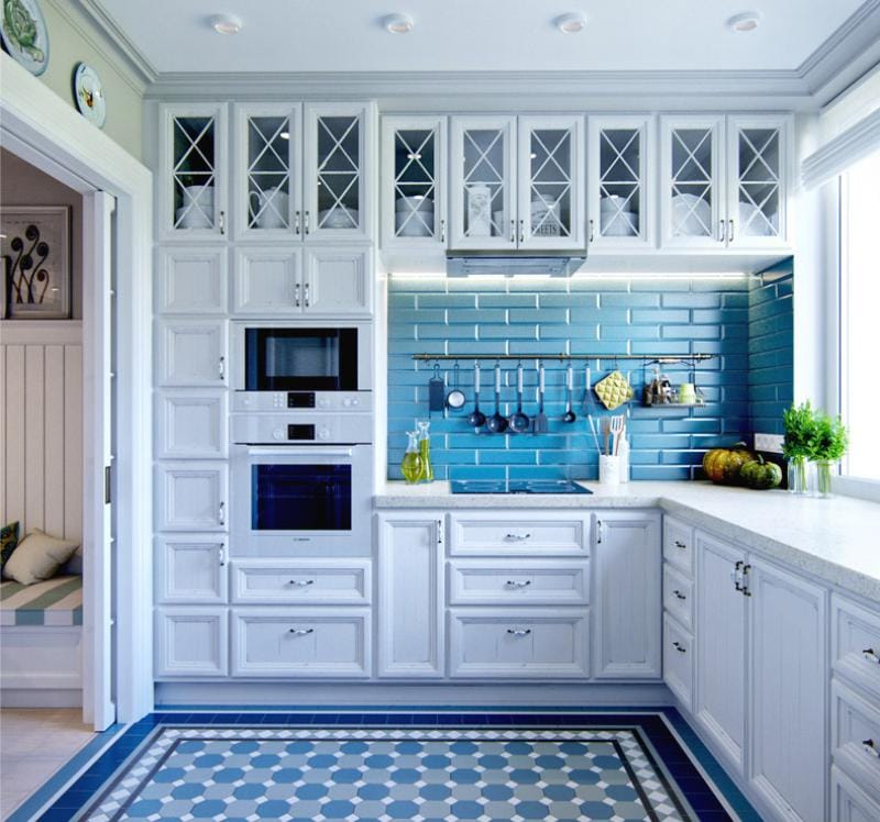 Sininen ja sininen väri keittiön sisätiloissa