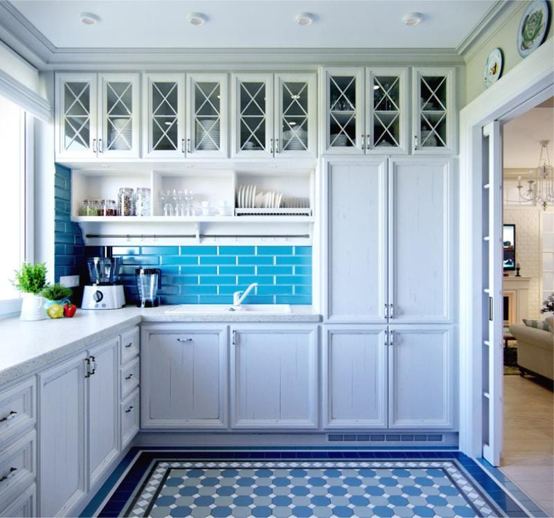 Sininen ja sininen väri keittiön sisätiloissa