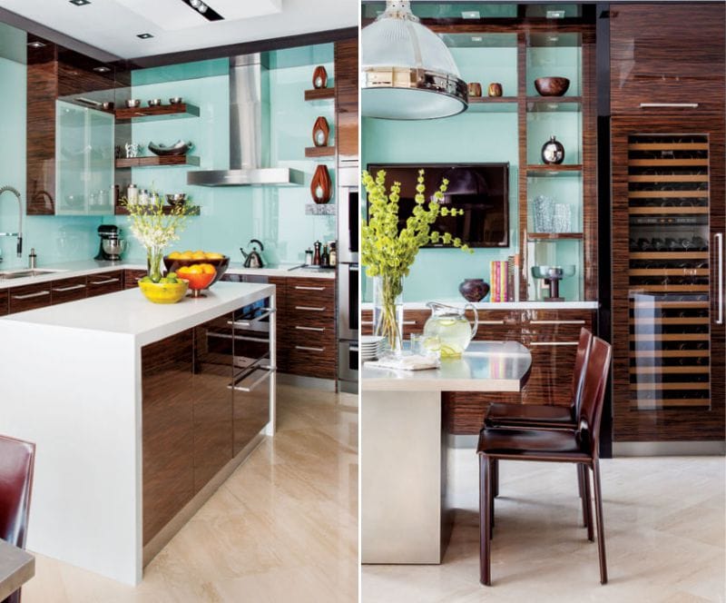 Ruskea ja sininen väri keittiön sisätiloissa