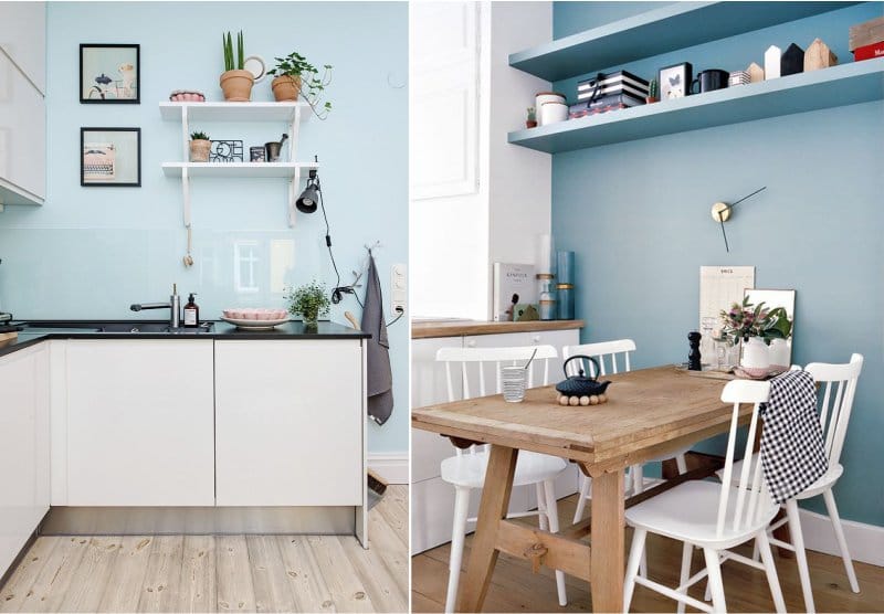 Siniset seinät keittiön sisätiloissa