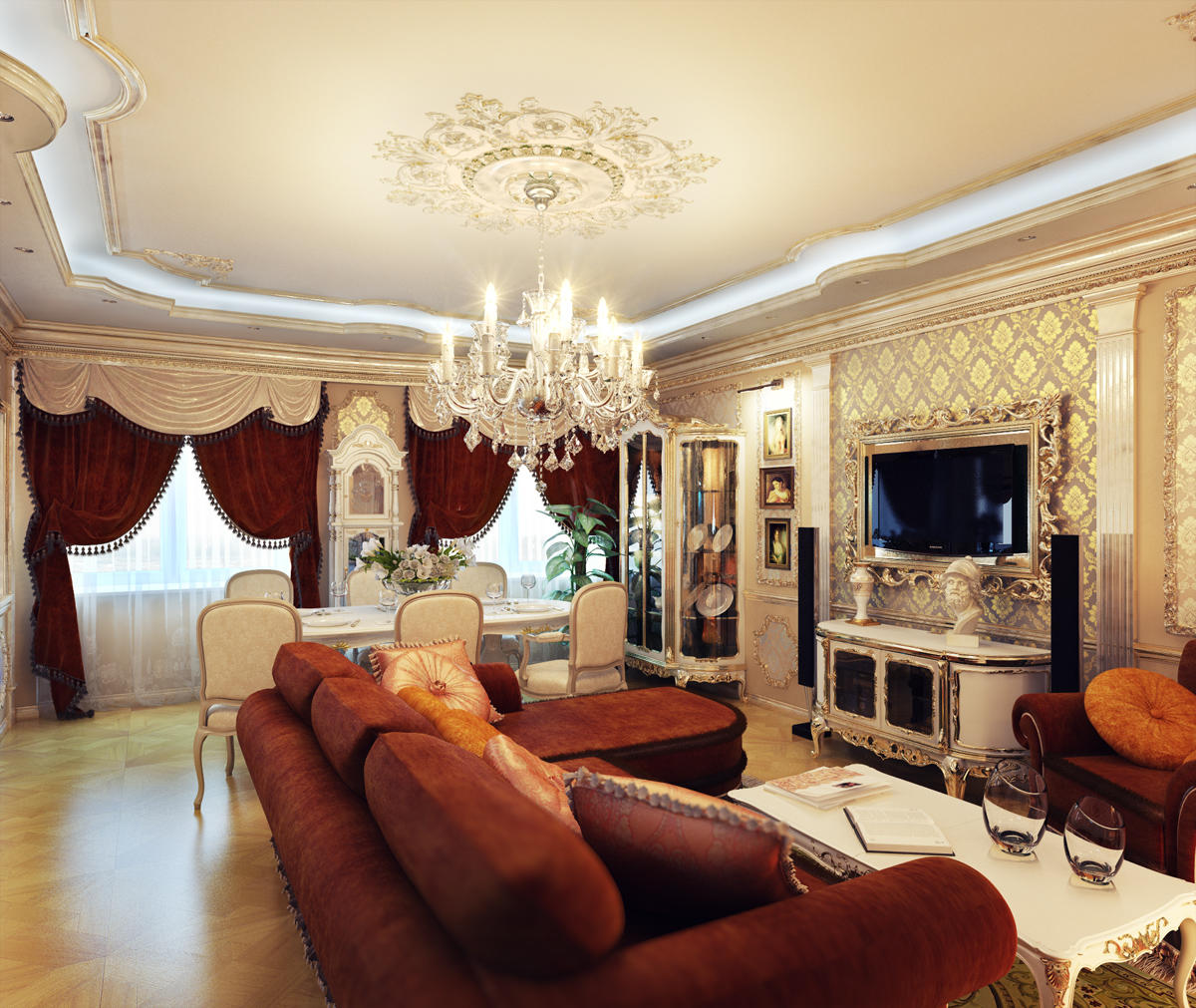 חדרי מגורים בסגנון קלאסי עשויים בסגנון לבן או בז ', ומשלימים את הפנים עם ריהוט בצבעים בהירים