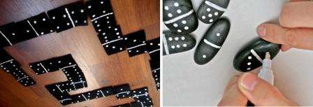 Para fazer dominó, você precisa de 28 chips. Você mesmo pode escolher o material para eles. É mais conveniente usar pedras idênticas nas quais a imagem é aplicada na forma de pontos.
