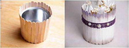 Uzmite staklenku ili saksiju pa štapićima sladoleda zalijepite vanjsku stranu posude.