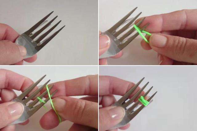 Quindi devi prendere due elastici e tirarli orizzontalmente su quattro denti di una forchetta.