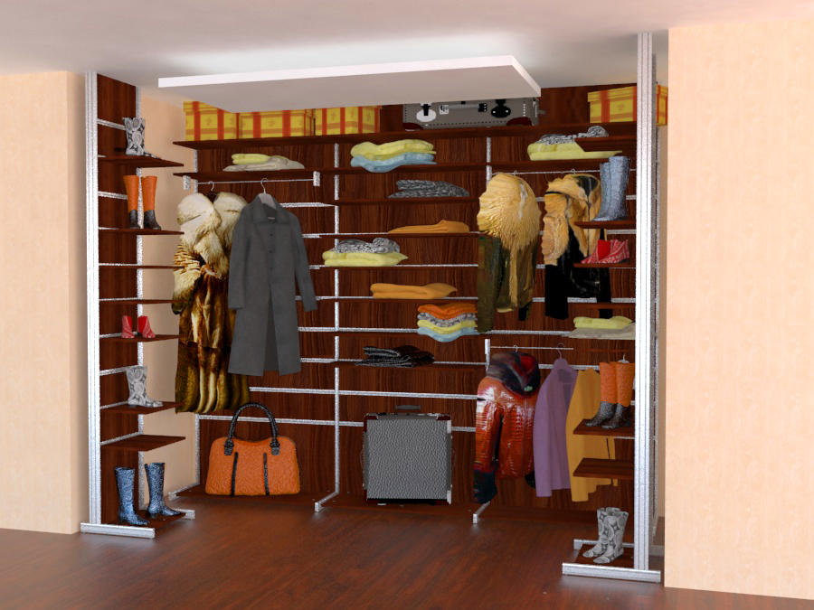 Pukuhuoneen pakollisia elementtejä ovat erityiset hyllyt vaatteille, laatikoille ja ripustimille.