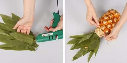 Em seguida, pegue papel verde e corte as folhas de abacaxi dele. É aconselhável dobrar o papel em várias camadas para não rasgar.