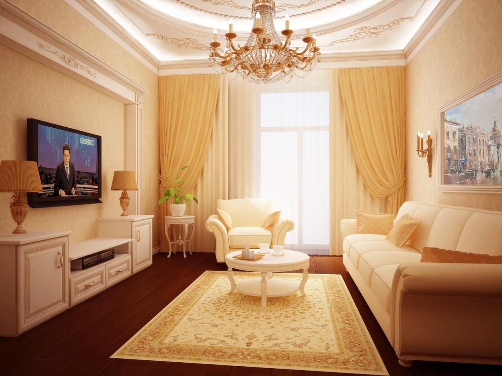 Stilul clasic vă permite să decorați interiorul camerei de zi în culori care captivează cu culori delicate și creează o atmosferă relaxată