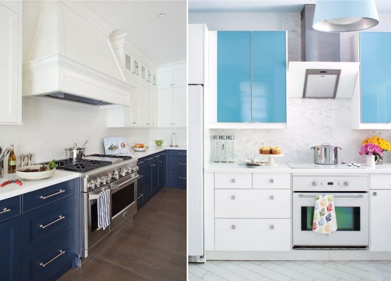 Biela a modrá farba v interiéri kuchyne