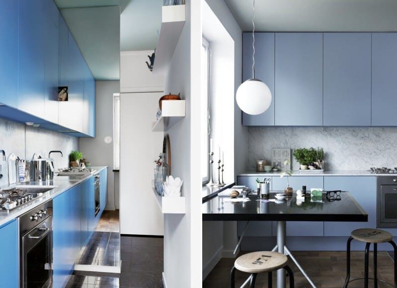 Modrá kuchynská súprava v interiéri