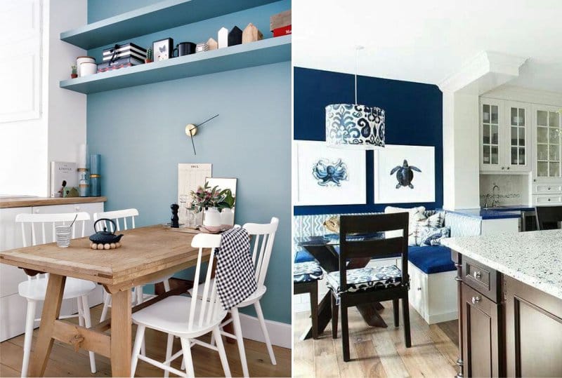 Akcentovaná stena v modrej farbe v interiéri kuchyne