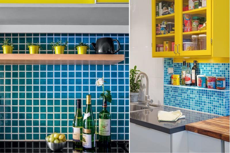 Žltá a modrá v dizajne kuchynského pracovného priestoru