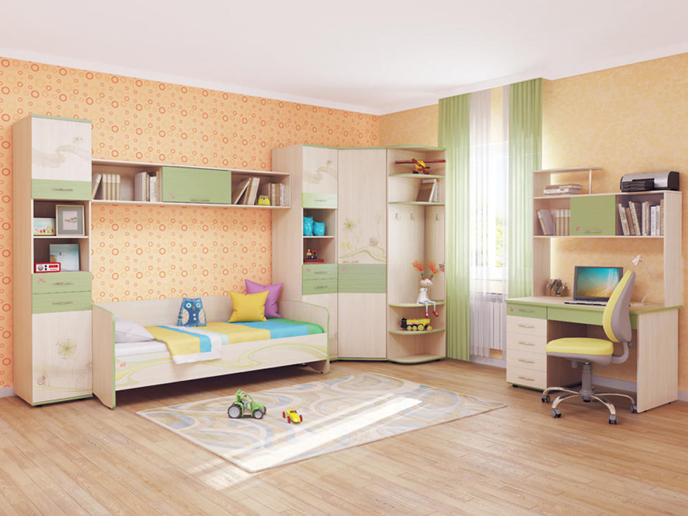 עבור חדר שינה לילדים, מעצבים ממליצים להשתמש בטפטים בכחול, ירוק או כתום, אך הריהוט לא צריך להיות צבעוני