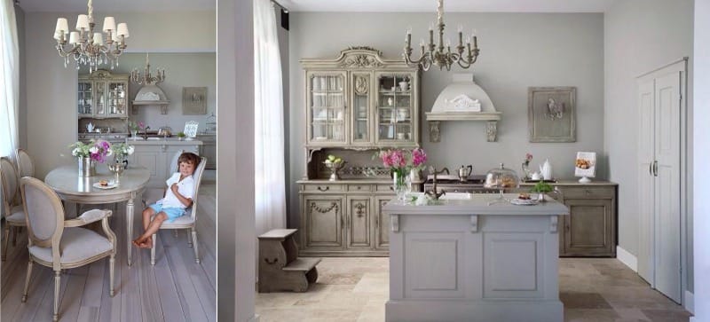 Provence-tyyliset harmaat seinät keittiössä