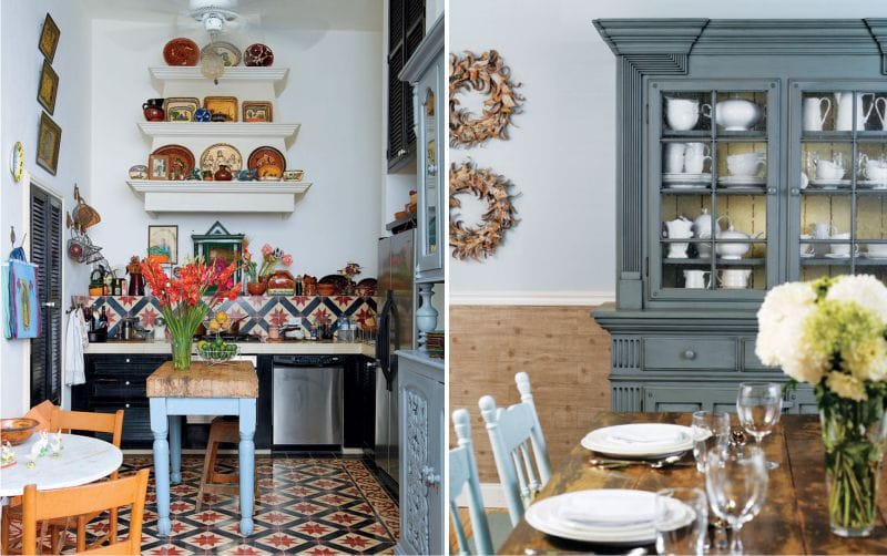 Interiör i ett blåbrunt kök och matsal i medelhavsstil
