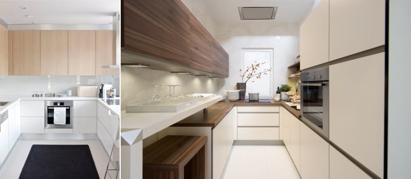 Kombinationen av trä och plast i designen av en köksuppsättning i stil med minimalism