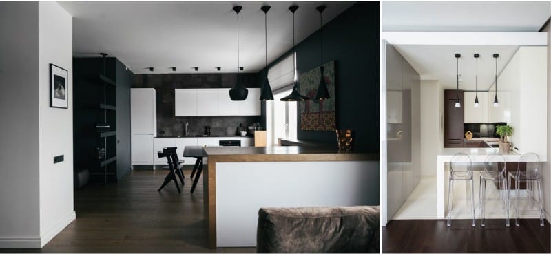 Bardisk och ö i det inre av köket i stil med minimalism