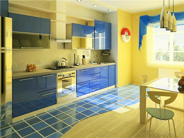 Sininen keittiö, jossa on keltaiset seinät, on loistava yhdistelmä merelliseen tyyliin