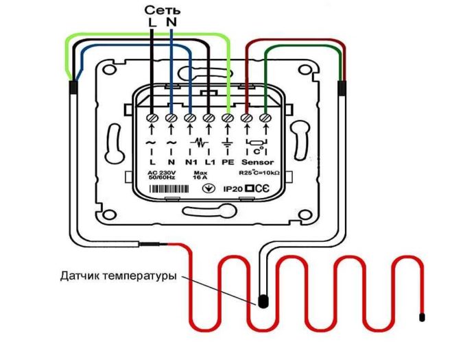 Um exemplo de conexão de um piso elétrico aquecido a um termostato. Não deve haver grandes diferenças. Veja as marcações na caixa