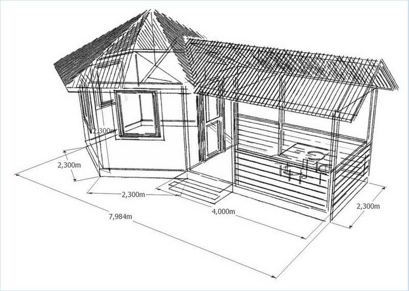Proiectul de bucătărie de vară cu verandă este o clădire mică, cu o terasă largă