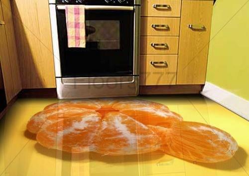 Kolmiulotteinen mandariini keittiön lattialla voi piristää sinua