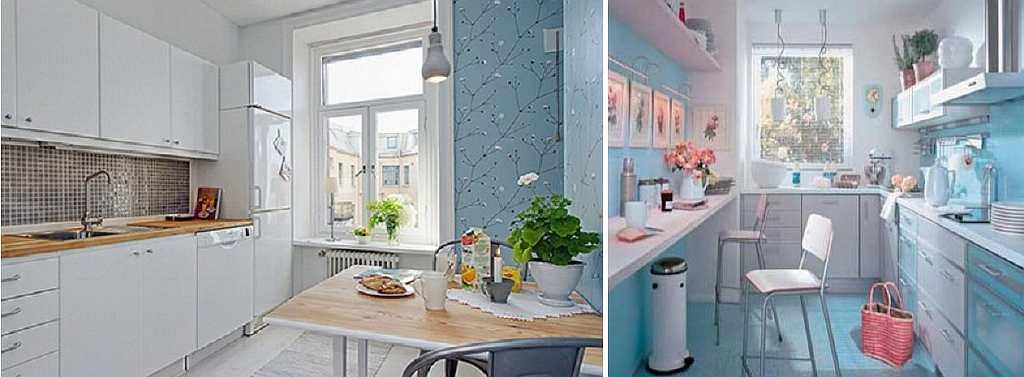 Tapetul albastru este ideal pentru o bucătărie mică: extinde camera și are un efect pozitiv asupra psihicului uman.