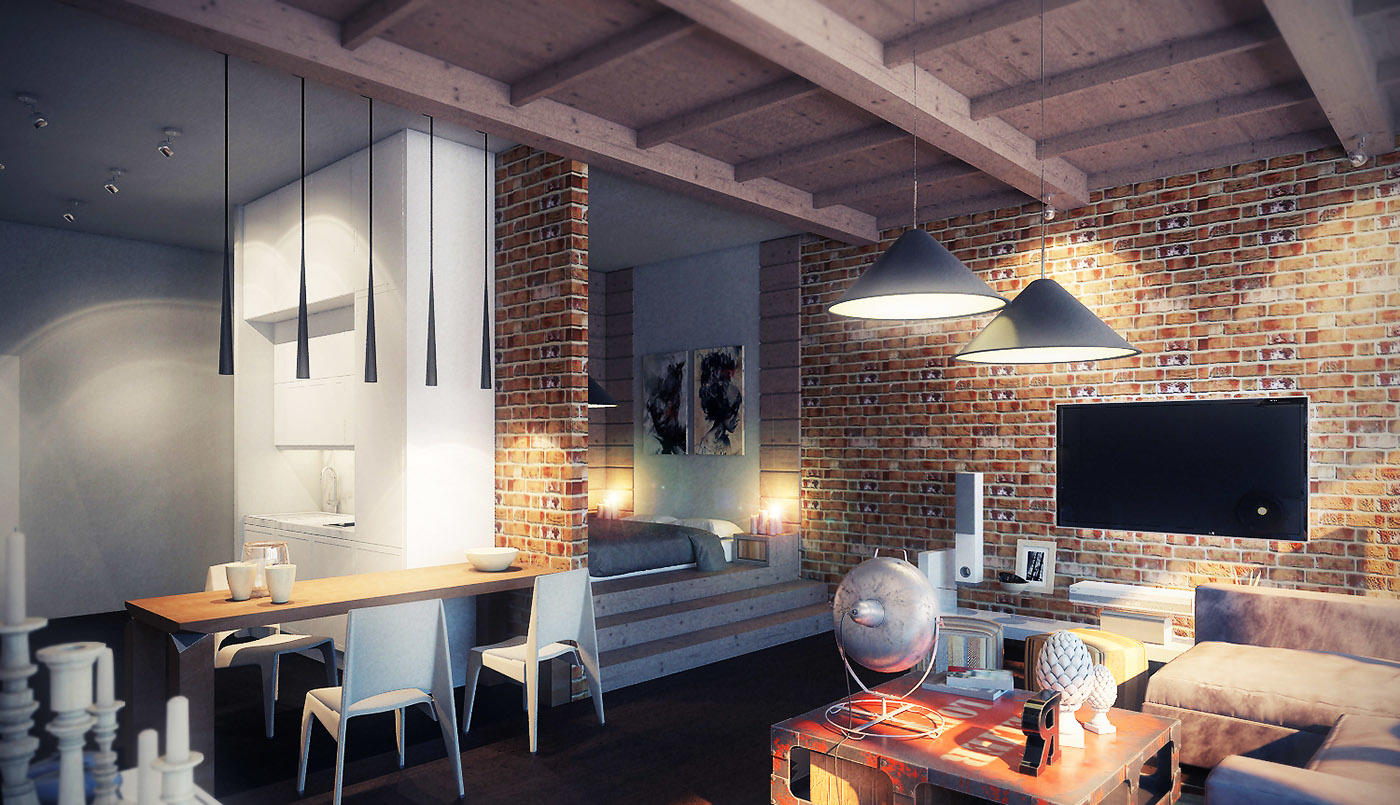 Moderna idéer om tak för hallen kan implementeras genom att dekorera ett rum i loftstil