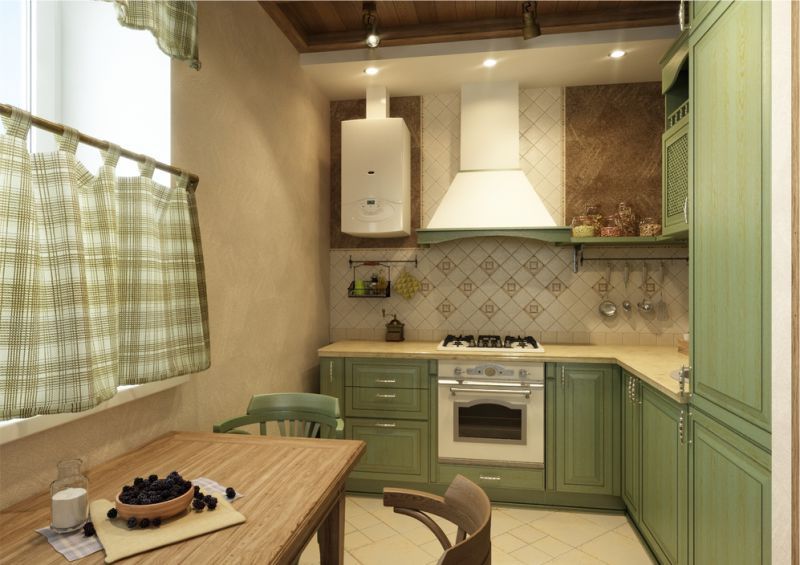Kuchyňa v olivovom vidieckom štýle s kockovanými závesmi