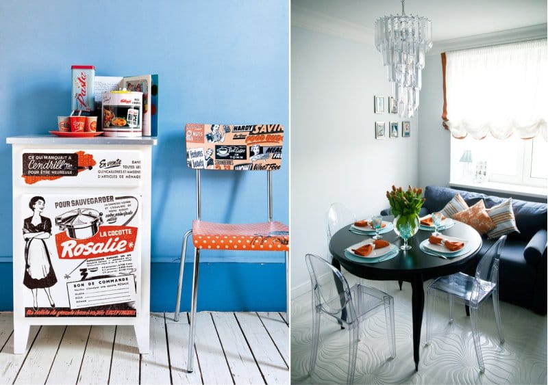 Kombinácia modrej a oranžovej v interiéri kuchyne