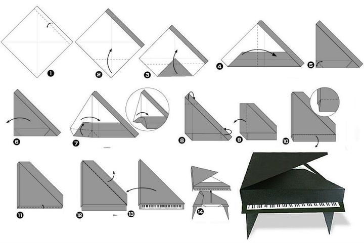 Assemblage pas à pas d'un piano à queue en origami