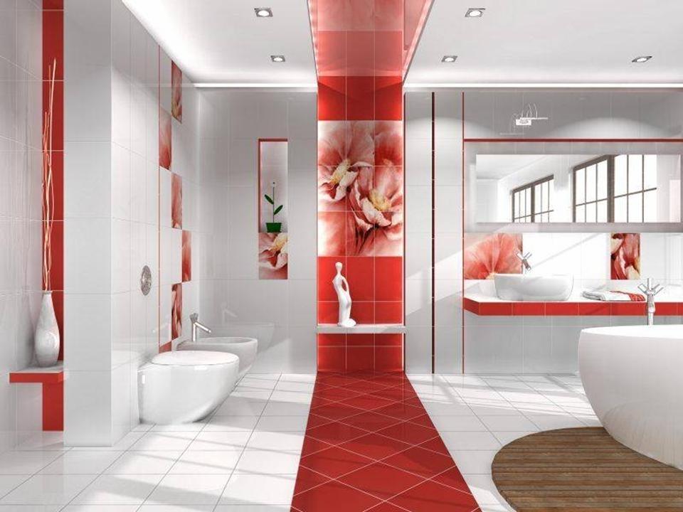 Kylpyhuone näyttää erittäin vaikuttavalta valkoisena ja punaisena.