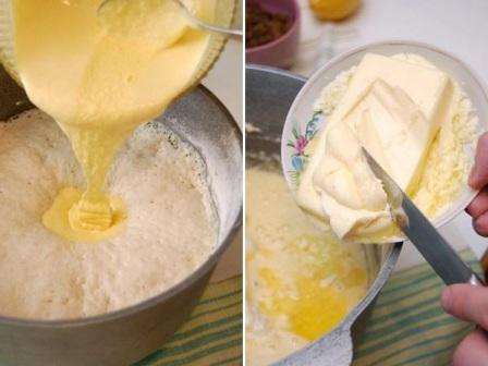 Em seguida, adicione a farinha restante, as passas e as raspas de limão e a manteiga ralada.