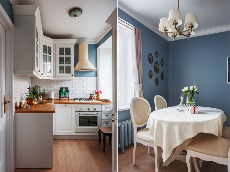 Kék falak egy klasszikus konyha belsejében