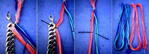 Dividimos os fios do fio dental de cores diferentes em duas partes com o mesmo número de fios