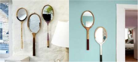 Se você costumava adorar jogar badminton, então provavelmente há algumas raquetes espalhadas pelo armário. Então é hora de transformá-los em espelhos de parede. Basta encomendar ou recortar sozinho um espelho de formato adequado.