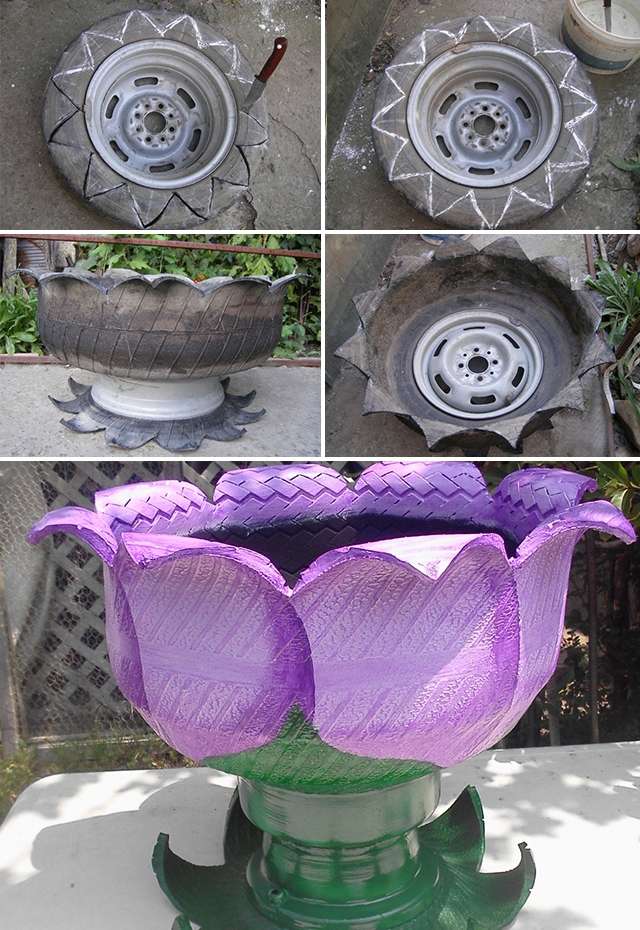 Ci vuole un piccolo sforzo per trasformare il pneumatico in un bellissimo vaso di fiori. Tagliare con cura la superficie del pneumatico, quindi capovolgerlo. Se dipingi un tale contenitore, si adatterà armoniosamente al design del tuo sito.